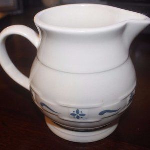 Longaberger pottery quart pitcher 6" tall white with blue tri color New no box…